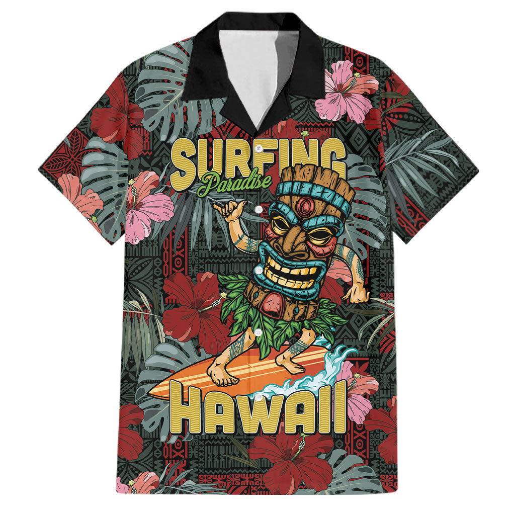 Hawaii Tiki Surfing Family Matching Summer Maxi Dress and Hawaiian Shirt Mele Kalikimaka i Iulai! LT9 Dad's Shirt - Short Sleeve Black - Polynesian Pride