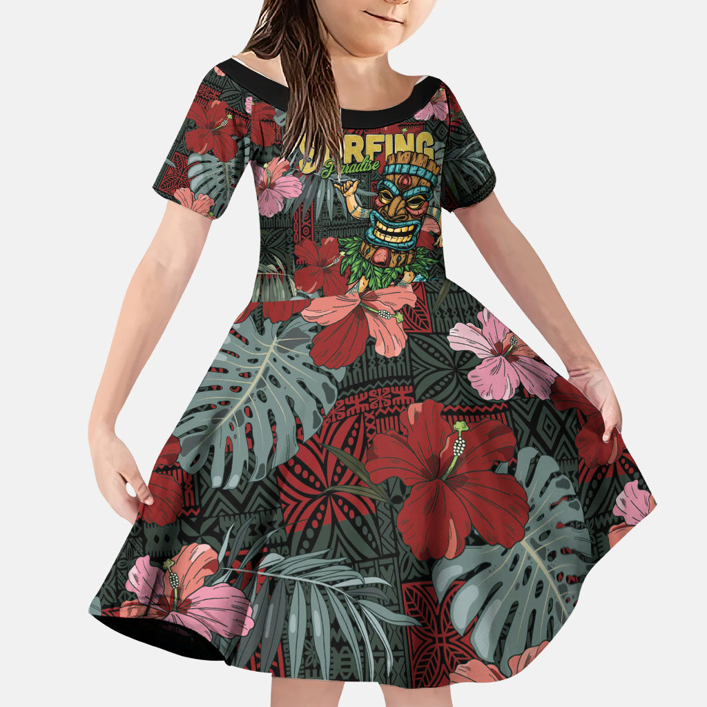 Hawaii Tiki Surfing Family Matching Tank Maxi Dress and Hawaiian Shirt Mele Kalikimaka i Iulai! LT9 Daughter's Dress Black - Polynesian Pride