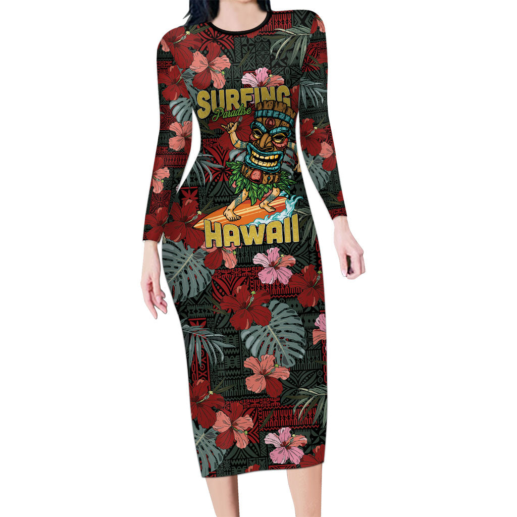 Hawaii Tiki Surfing Long Sleeve Bodycon Dress Mele Kalikimaka i Iulai! LT9 Long Dress Black - Polynesian Pride