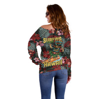 Hawaii Tiki Surfing Off Shoulder Sweater Mele Kalikimaka i Iulai!
