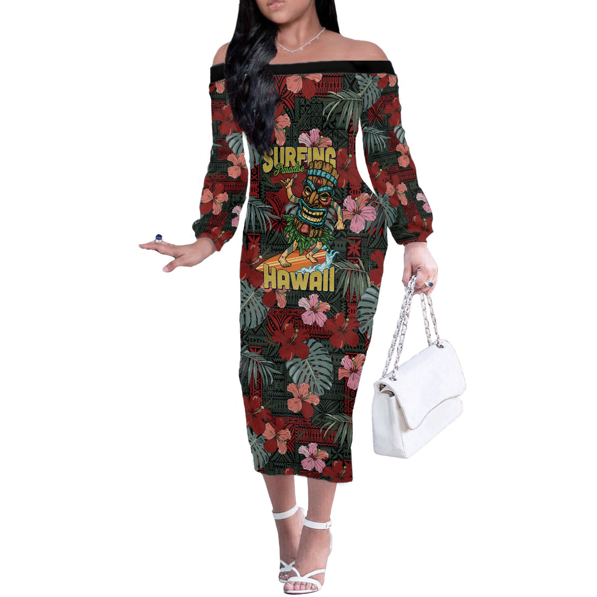 Hawaii Tiki Surfing Off The Shoulder Long Sleeve Dress Mele Kalikimaka i Iulai! LT9 Women Black - Polynesian Pride