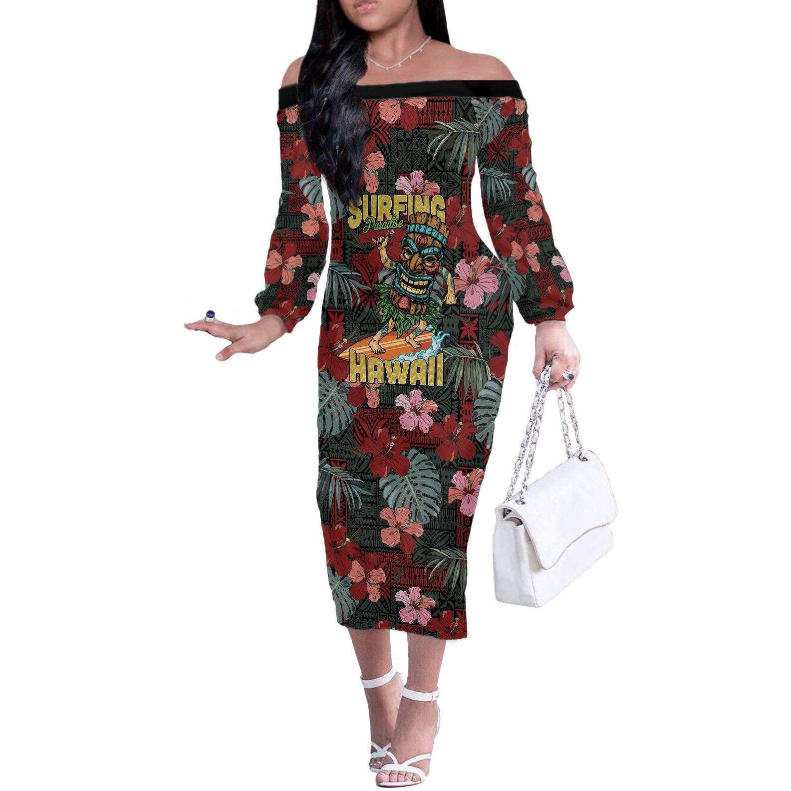 Hawaii Tiki Surfing Off The Shoulder Long Sleeve Dress Mele Kalikimaka i Iulai!