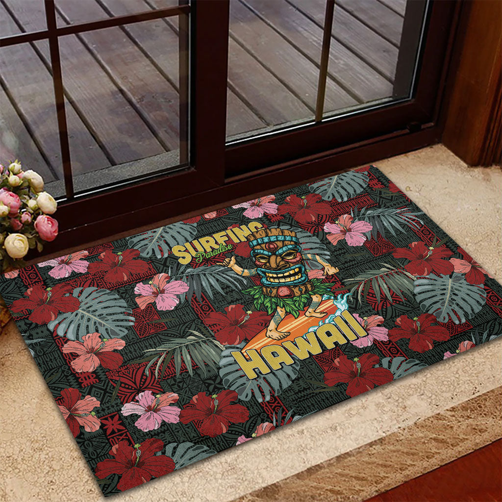 Hawaii Tiki Surfing Rubber Doormat Mele Kalikimaka i Iulai!