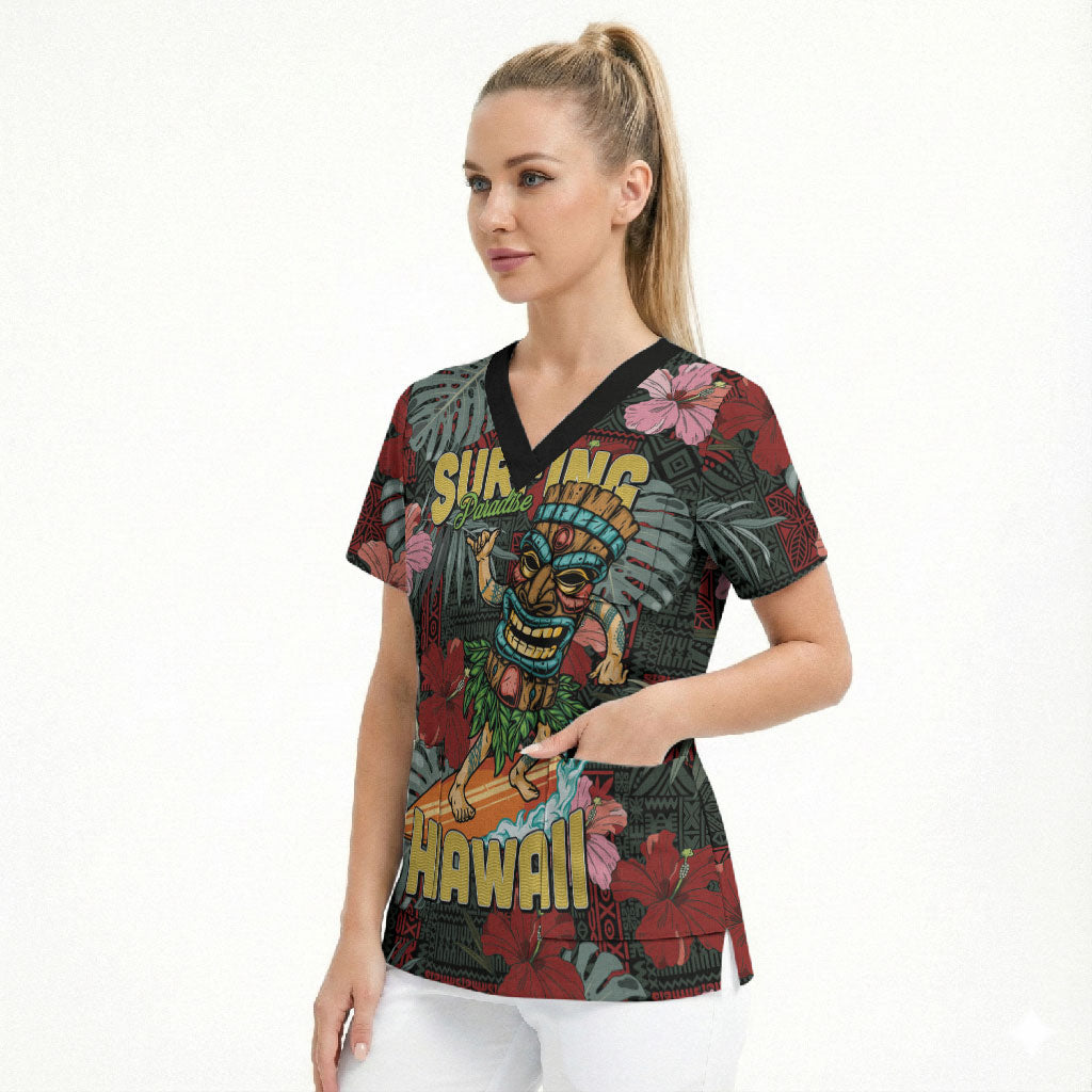 Hawaii Tiki Surfing Scrub Top Mele Kalikimaka i Iulai!
