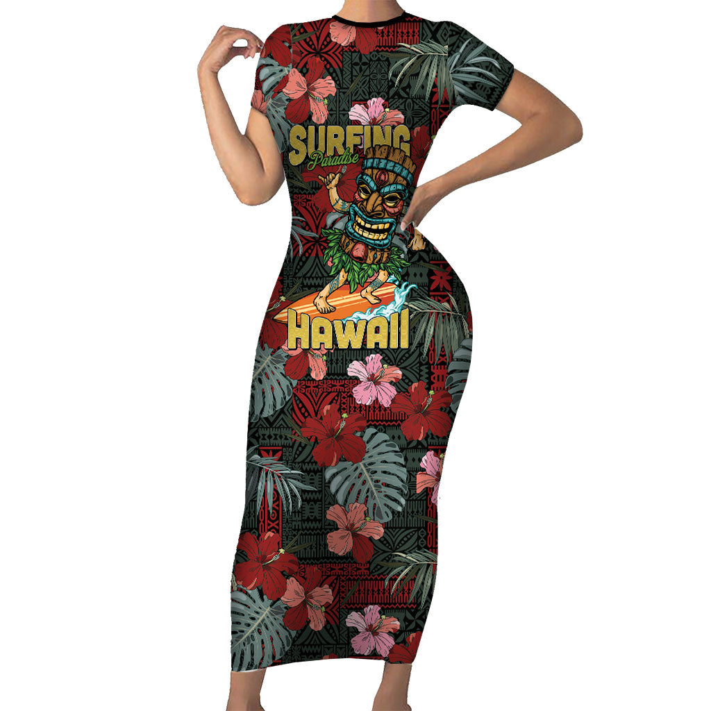 Hawaii Tiki Surfing Short Sleeve Bodycon Dress Mele Kalikimaka i Iulai! LT9 Long Dress Black - Polynesian Pride
