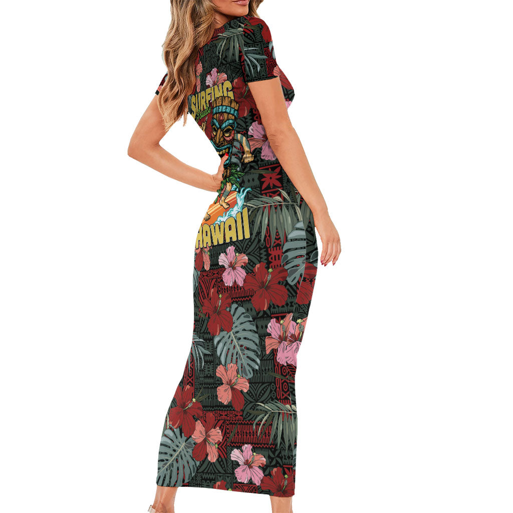 Hawaii Tiki Surfing Short Sleeve Bodycon Dress Mele Kalikimaka i Iulai! LT9 - Polynesian Pride