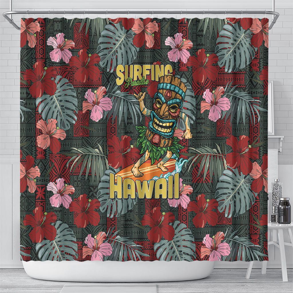 Hawaii Tiki Surfing Shower Curtain Mele Kalikimaka i Iulai!