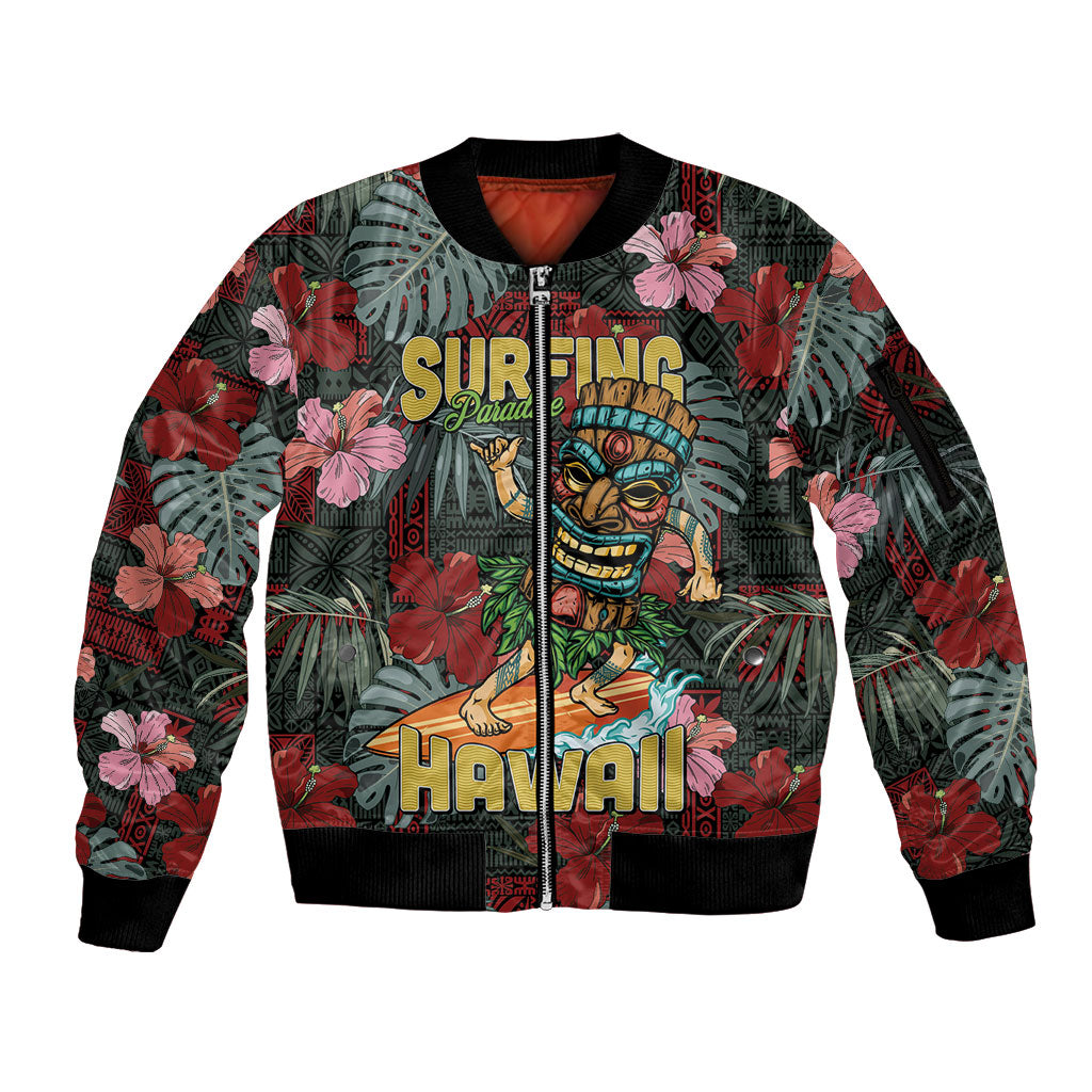 Hawaii Tiki Surfing Sleeve Zip Bomber Jacket Mele Kalikimaka i Iulai! LT9 Unisex Black - Polynesian Pride