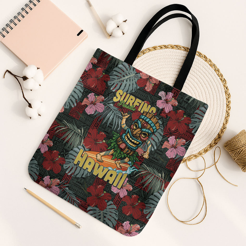 Hawaii Tiki Surfing Tote Bag Mele Kalikimaka i Iulai!