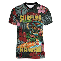 Hawaii Tiki Surfing Women V-Neck T-Shirt Mele Kalikimaka i Iulai! LT9 Female Black - Polynesian Pride