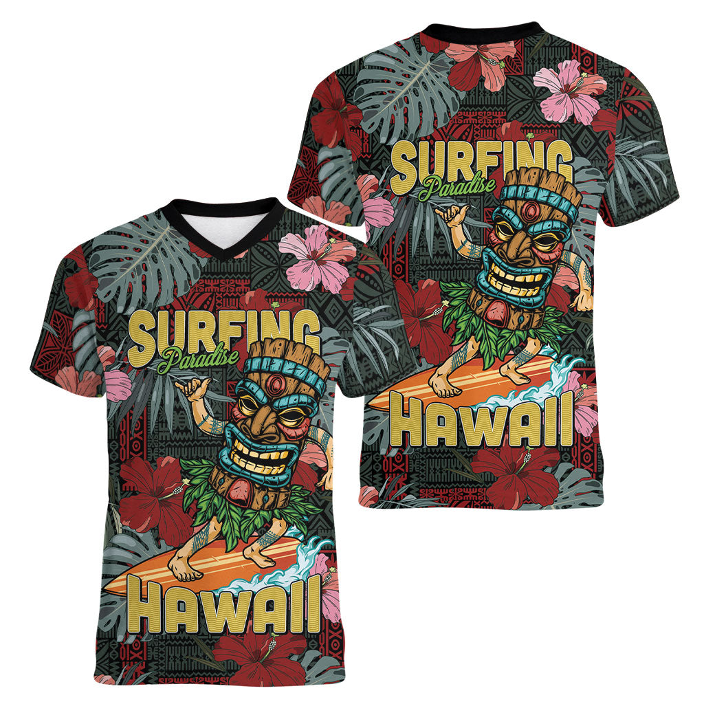 Hawaii Tiki Surfing Women V-Neck T-Shirt Mele Kalikimaka i Iulai! LT9 - Polynesian Pride