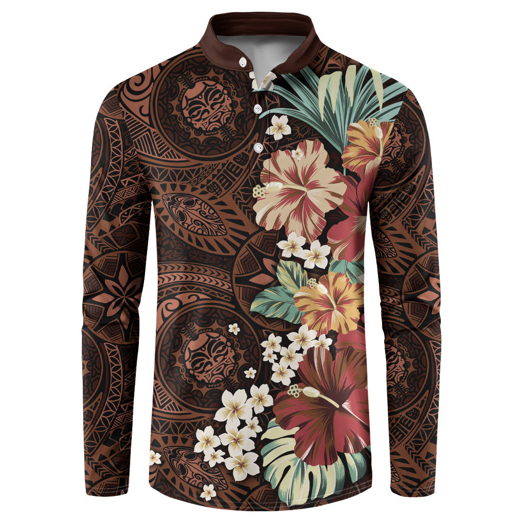Kanoa Hawai'i Hibiscus Button Sweatshirt Polynesian Tribal Tattoo Pattern Floral Elements LT9 Brown - Polynesian Pride