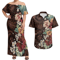 Kanoa Hawai'i Hibiscus Couples Matching Off Shoulder Maxi Dress and Hawaiian Shirt Polynesian Tribal Tattoo Pattern Floral Elements