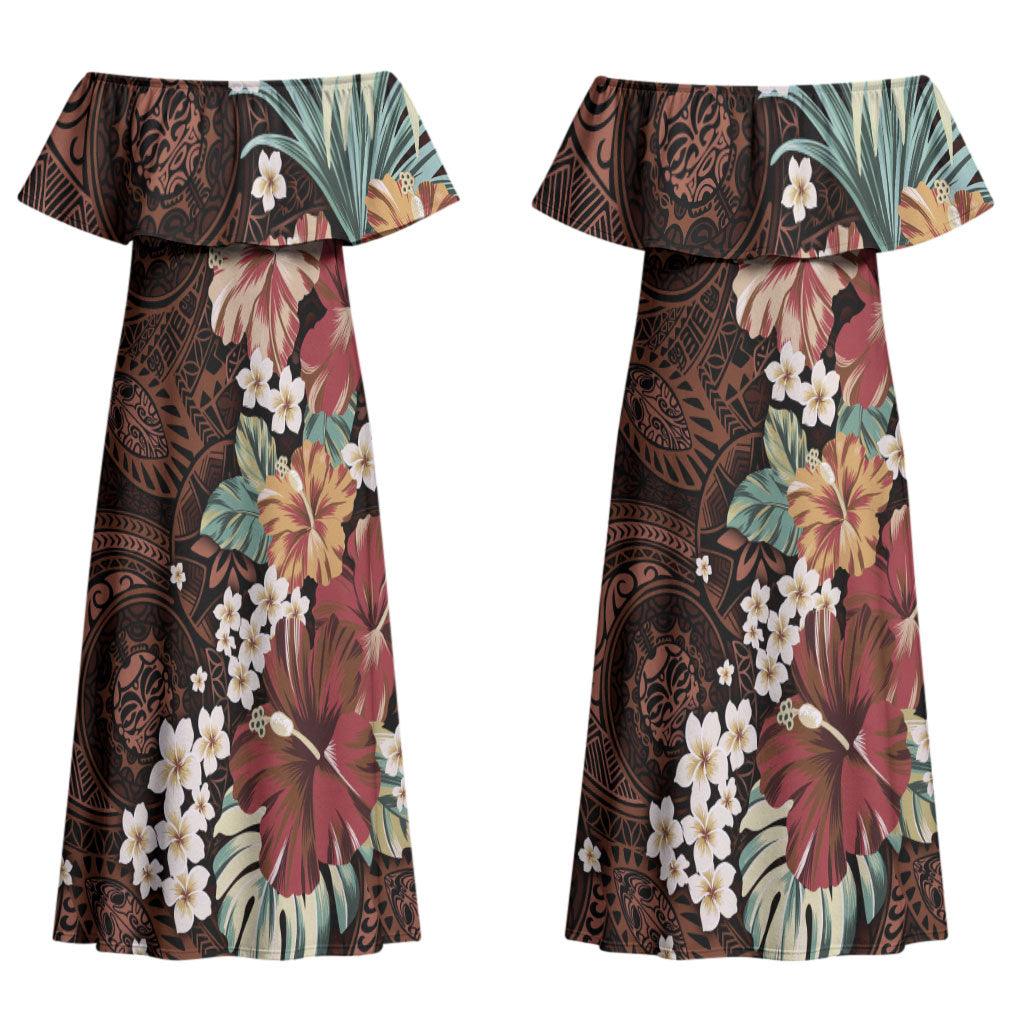 Kanoa Hawai'i Hibiscus Couples Matching Off Shoulder Maxi Dress and Hawaiian Shirt Polynesian Tribal Tattoo Pattern Floral Elements