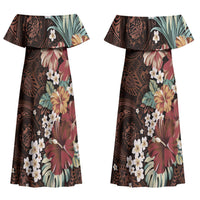 Kanoa Hawai'i Hibiscus Couples Matching Off Shoulder Maxi Dress and Hawaiian Shirt Polynesian Tribal Tattoo Pattern Floral Elements