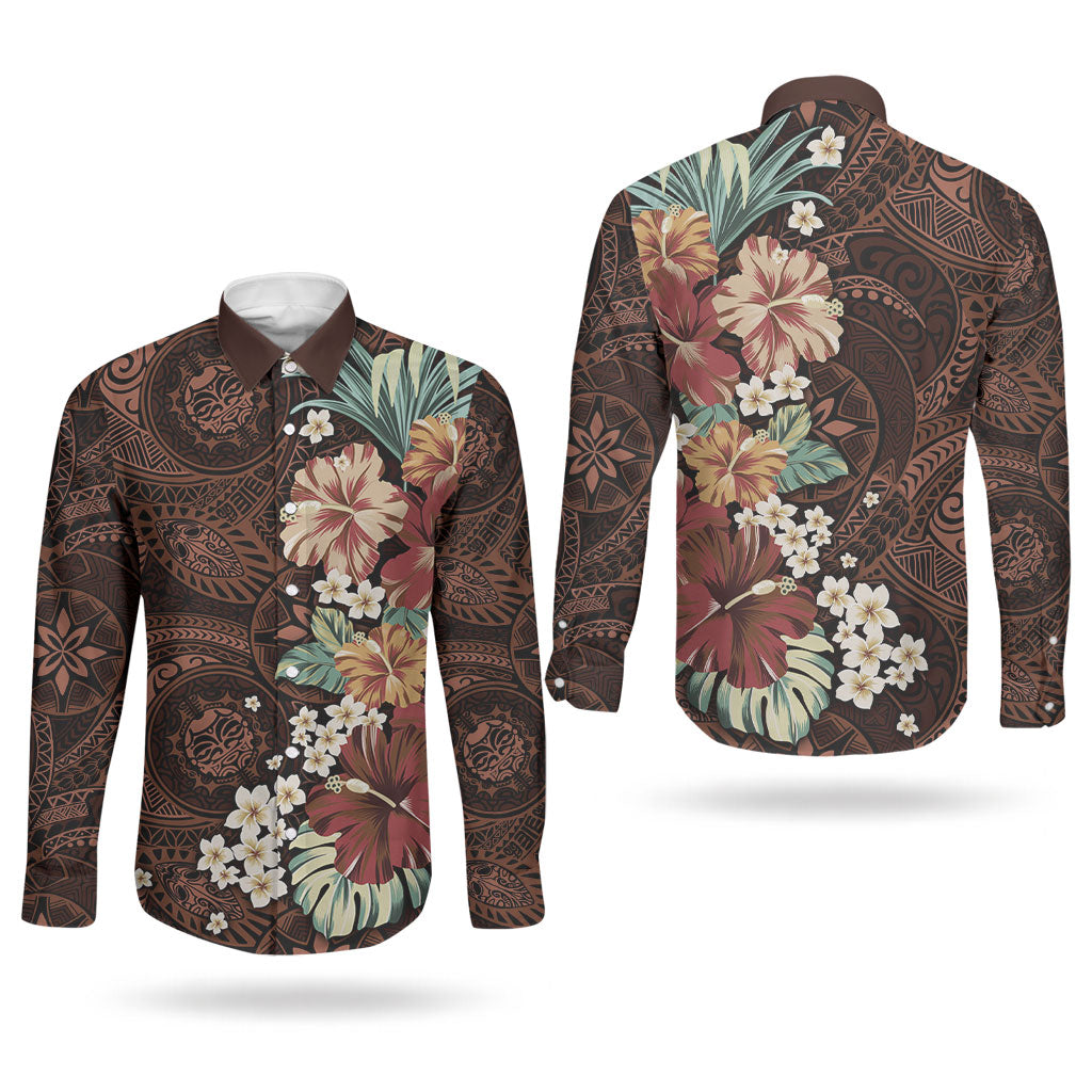 Kanoa Hawai'i Hibiscus Couples Matching Off Shoulder Maxi Dress and Long Sleeve Button Shirt Polynesian Tribal Tattoo Pattern Floral Elements