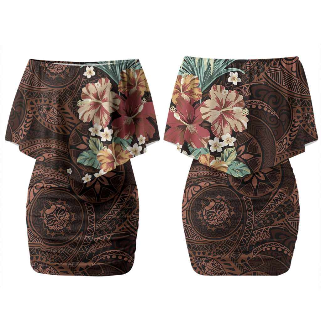 Kanoa Hawai'i Hibiscus Couples Matching Off Shoulder Short Dress and Long Sleeve Button Shirt Polynesian Tribal Tattoo Pattern Floral Elements