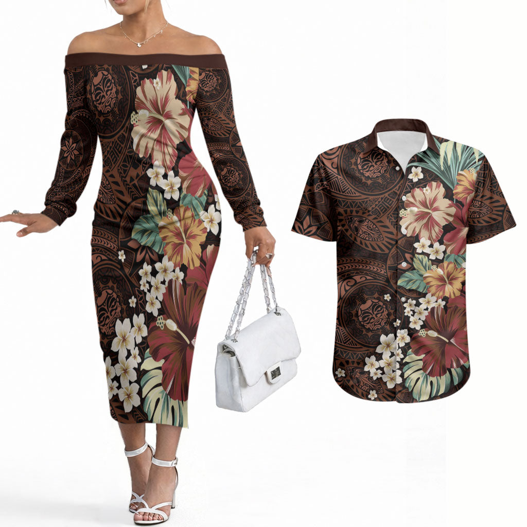 Kanoa Hawai'i Hibiscus Couples Matching Off The Shoulder Long Sleeve Dress and Hawaiian Shirt Polynesian Tribal Tattoo Pattern Floral Elements LT9 Brown - Polynesian Pride