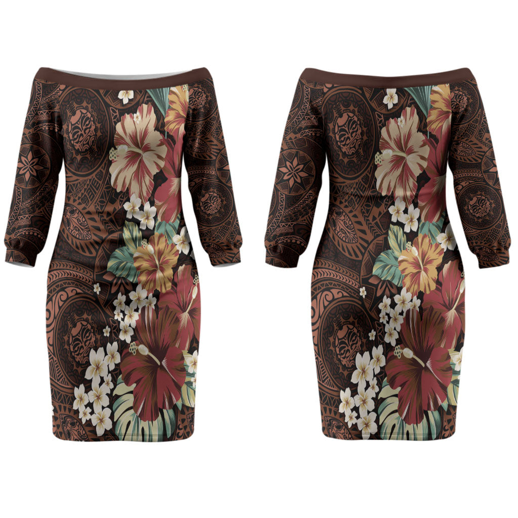 Kanoa Hawai'i Hibiscus Couples Matching Off The Shoulder Long Sleeve Dress and Long Sleeve Button Shirt Polynesian Tribal Tattoo Pattern Floral Elements
