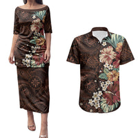 Kanoa Hawai'i Hibiscus Couples Matching Puletasi and Hawaiian Shirt Polynesian Tribal Tattoo Pattern Floral Elements