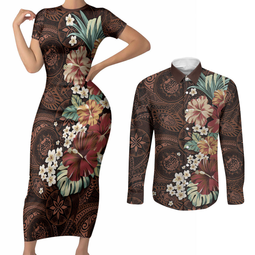 Kanoa Hawai'i Hibiscus Couples Matching Short Sleeve Bodycon Dress and Long Sleeve Button Shirt Polynesian Tribal Tattoo Pattern Floral Elements