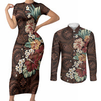 Kanoa Hawai'i Hibiscus Couples Matching Short Sleeve Bodycon Dress and Long Sleeve Button Shirt Polynesian Tribal Tattoo Pattern Floral Elements