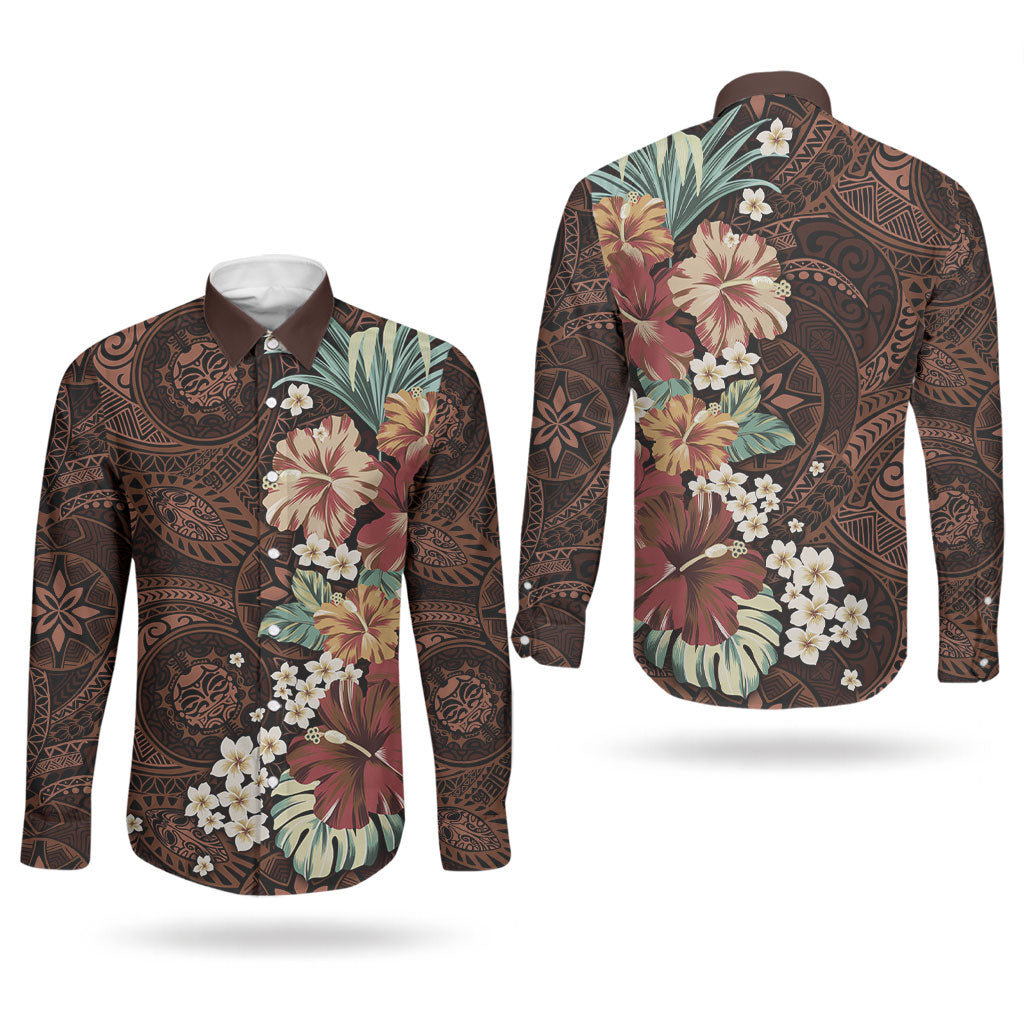 Kanoa Hawai'i Hibiscus Couples Matching Short Sleeve Bodycon Dress and Long Sleeve Button Shirt Polynesian Tribal Tattoo Pattern Floral Elements