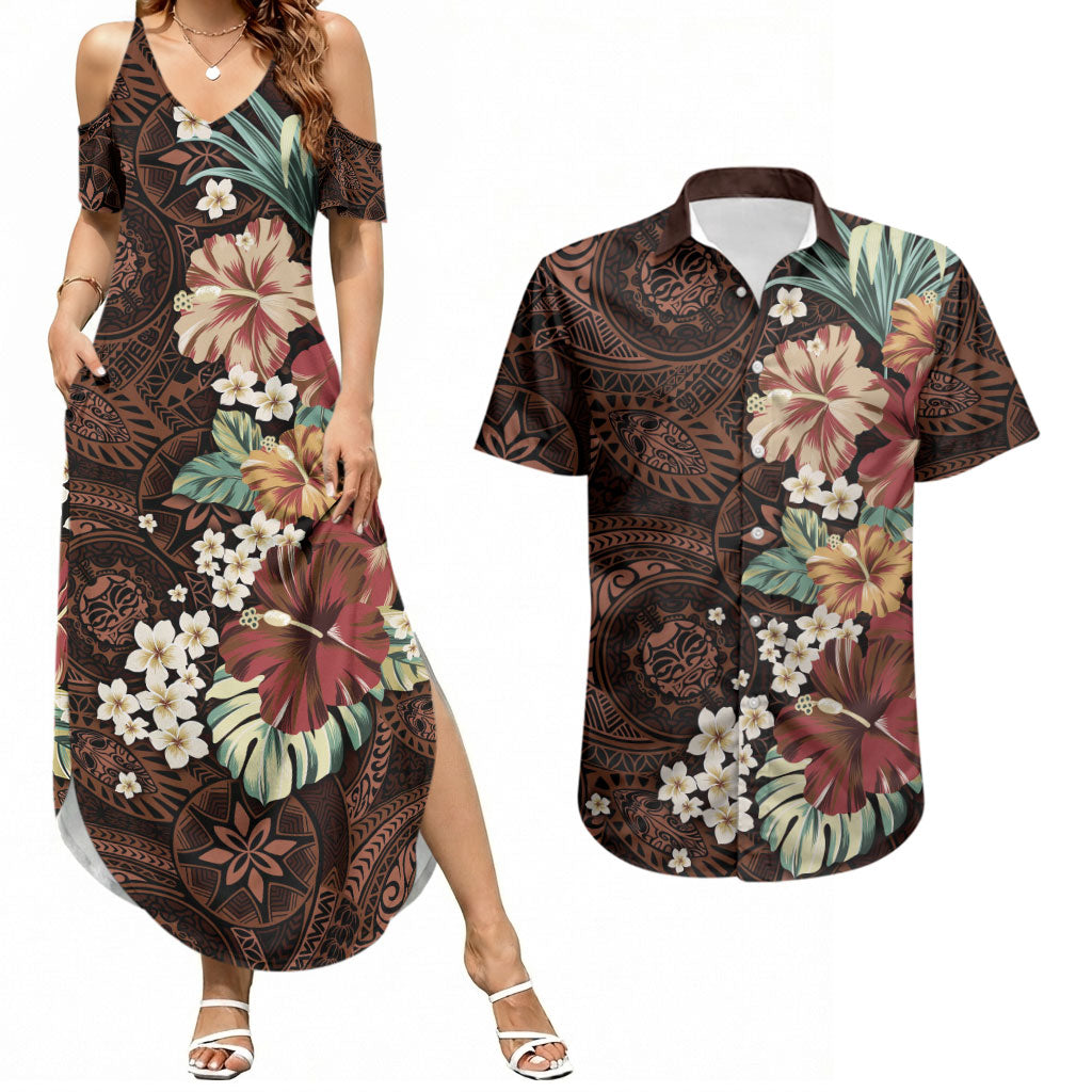 Kanoa Hawai'i Hibiscus Couples Matching Summer Maxi Dress and Hawaiian Shirt Polynesian Tribal Tattoo Pattern Floral Elements