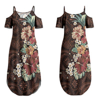 Kanoa Hawai'i Hibiscus Couples Matching Summer Maxi Dress and Hawaiian Shirt Polynesian Tribal Tattoo Pattern Floral Elements