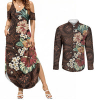 Kanoa Hawai'i Hibiscus Couples Matching Summer Maxi Dress and Long Sleeve Button Shirt Polynesian Tribal Tattoo Pattern Floral Elements