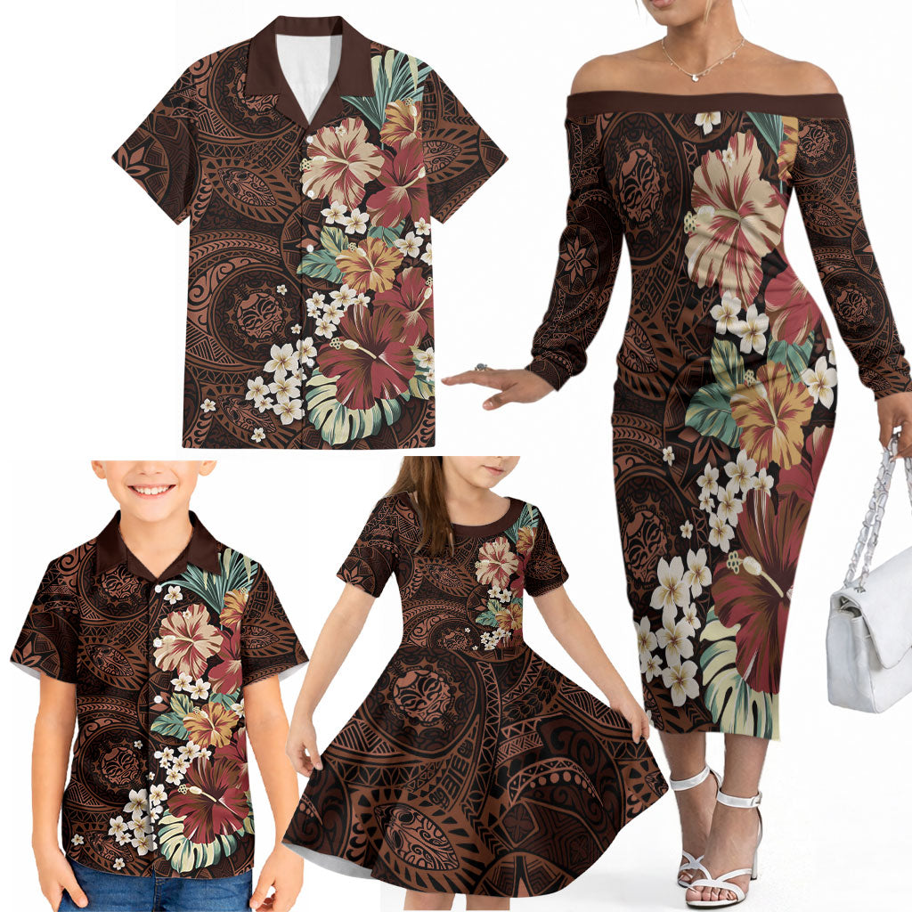 Kanoa Hawai'i Hibiscus Family Matching Off The Shoulder Long Sleeve Dress and Hawaiian Shirt Polynesian Tribal Tattoo Pattern Floral Elements LT9 - Polynesian Pride