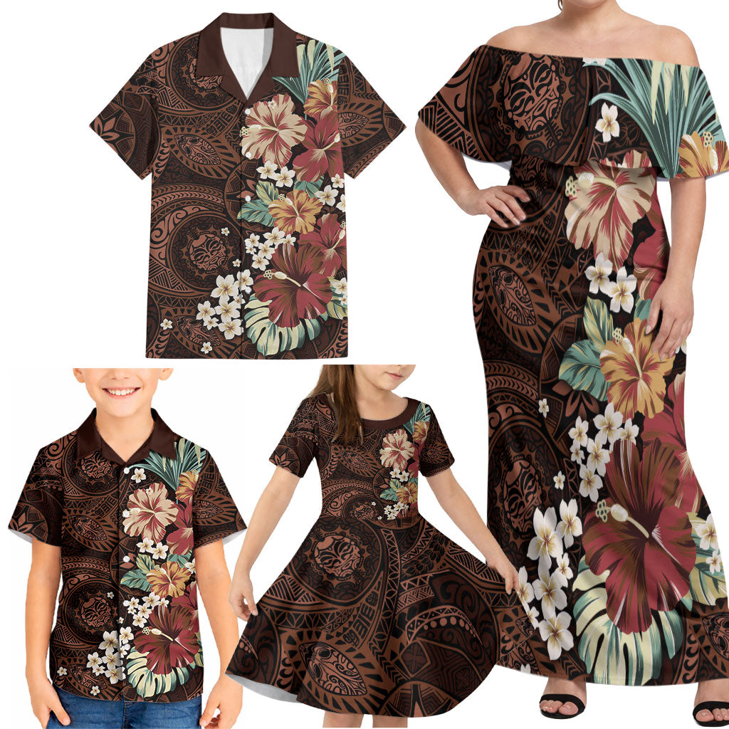 Kanoa Hawai'i Hibiscus Family Matching Off Shoulder Maxi Dress and Hawaiian Shirt Polynesian Tribal Tattoo Pattern Floral Elements