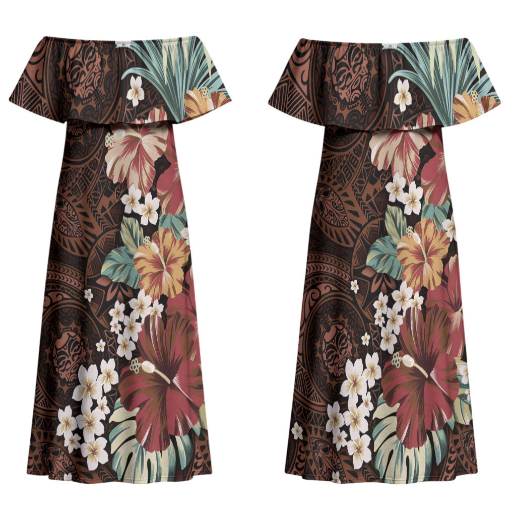 Kanoa Hawai'i Hibiscus Family Matching Off Shoulder Maxi Dress and Hawaiian Shirt Polynesian Tribal Tattoo Pattern Floral Elements