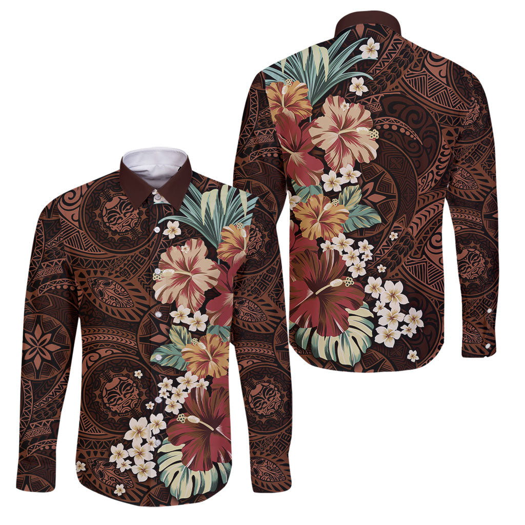 Kanoa Hawai'i Hibiscus Family Matching Off Shoulder Maxi Dress and Hawaiian Shirt Polynesian Tribal Tattoo Pattern Floral Elements