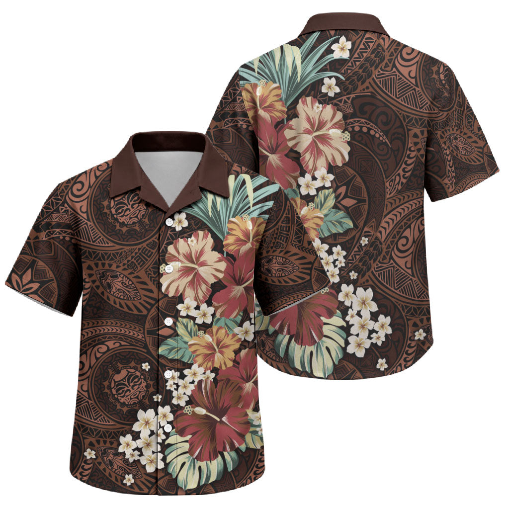 Kanoa Hawai'i Hibiscus Family Matching Off Shoulder Maxi Dress and Hawaiian Shirt Polynesian Tribal Tattoo Pattern Floral Elements