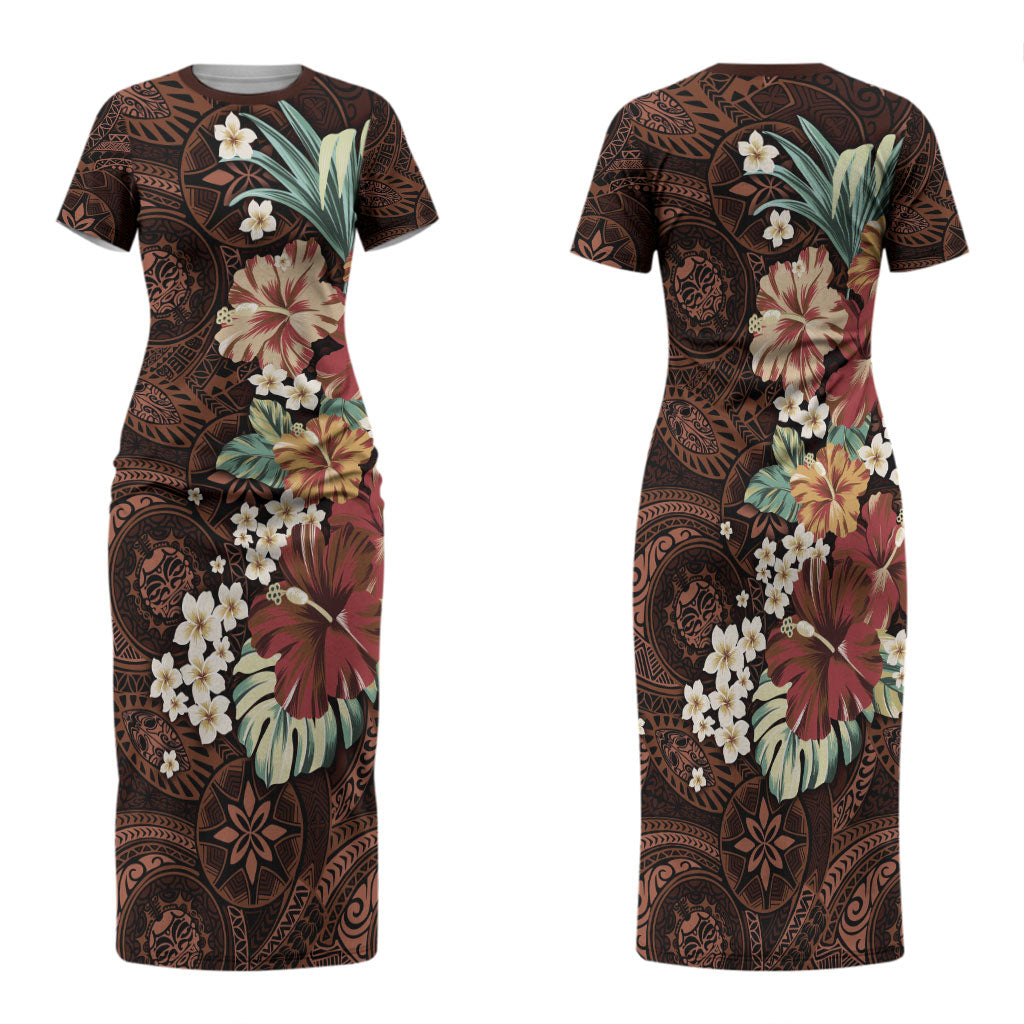 Kanoa Hawai'i Hibiscus Family Matching Short Sleeve Bodycon Dress and Hawaiian Shirt Polynesian Tribal Tattoo Pattern Floral Elements