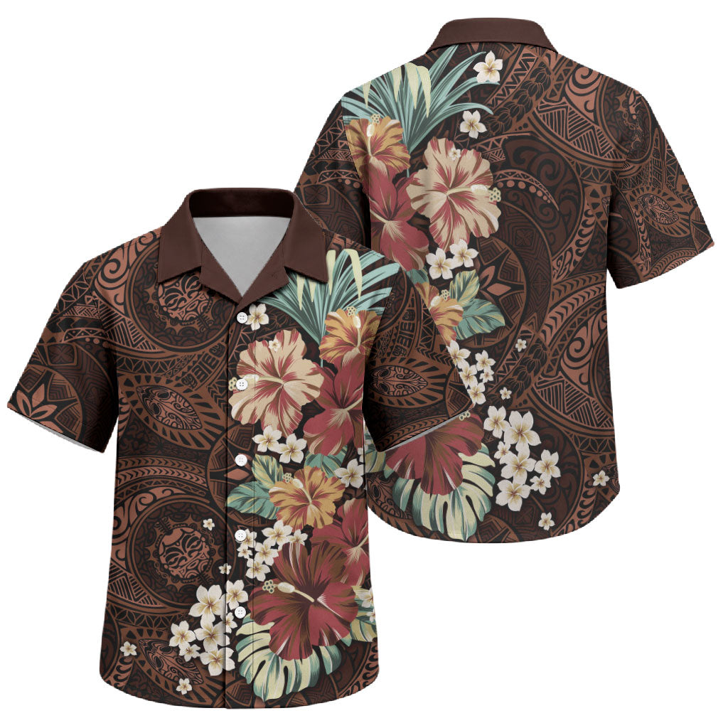 Kanoa Hawai'i Hibiscus Family Matching Short Sleeve Bodycon Dress and Hawaiian Shirt Polynesian Tribal Tattoo Pattern Floral Elements