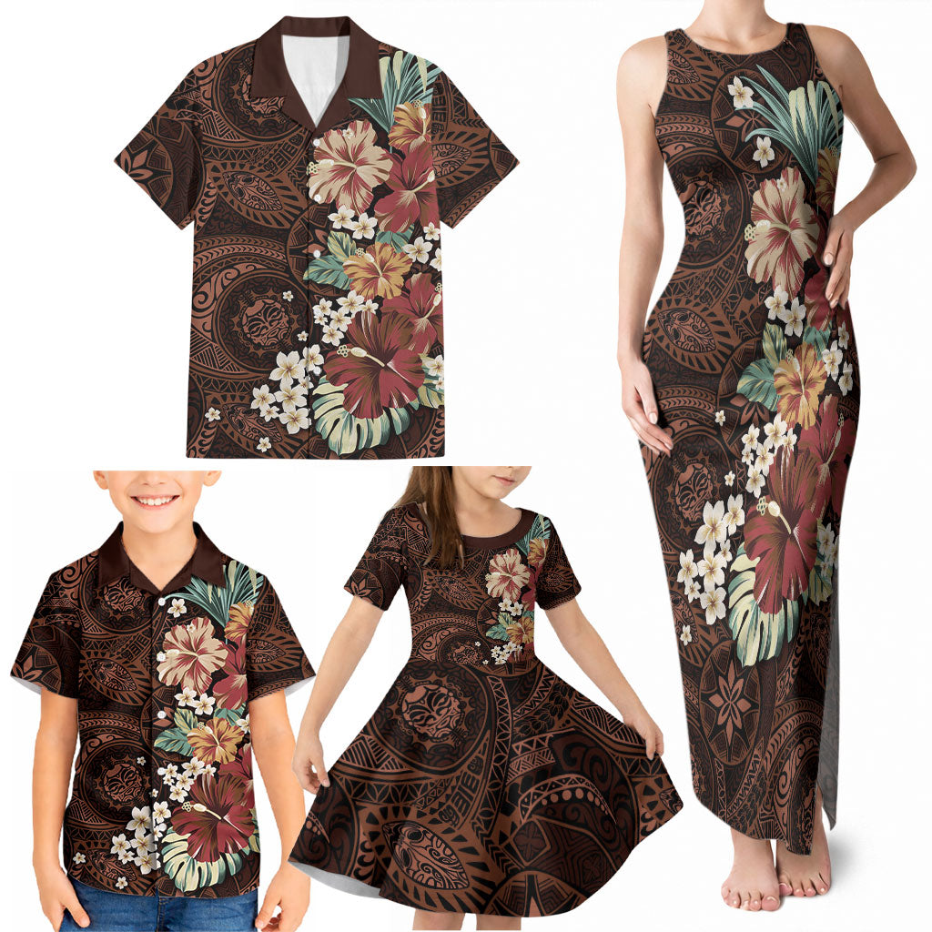 Kanoa Hawai'i Hibiscus Family Matching Tank Maxi Dress and Hawaiian Shirt Polynesian Tribal Tattoo Pattern Floral Elements