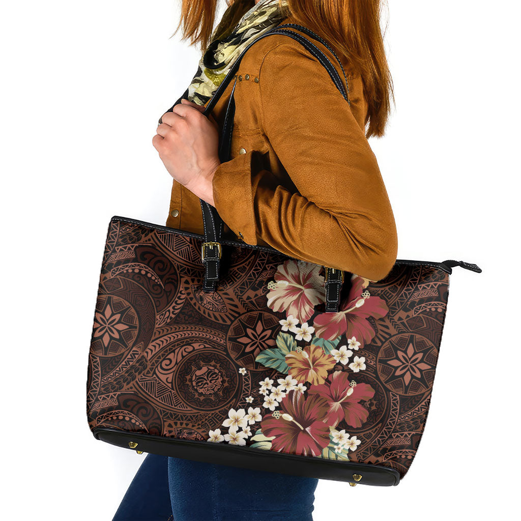 Kanoa Hawai'i Hibiscus Leather Tote Bag Polynesian Tribal Tattoo Pattern Floral Elements