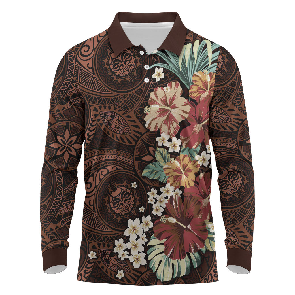 Kanoa Hawai'i Hibiscus Long Sleeve Polo Shirt Polynesian Tribal Tattoo Pattern Floral Elements