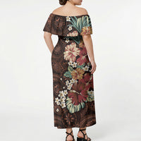 Kanoa Hawai'i Hibiscus Off Shoulder Maxi Dress Polynesian Tribal Tattoo Pattern Floral Elements