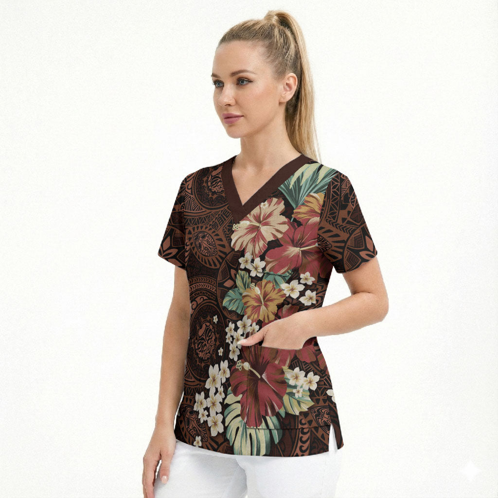 Kanoa Hawai'i Hibiscus Scrub Top Polynesian Tribal Tattoo Pattern Floral Elements
