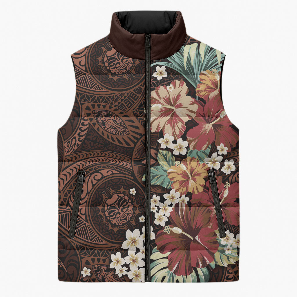 Kanoa Hawai'i Hibiscus Sleeveless Puffer Jacket Polynesian Tribal Tattoo Pattern Floral Elements LT9 Unisex Brown - Polynesian Pride