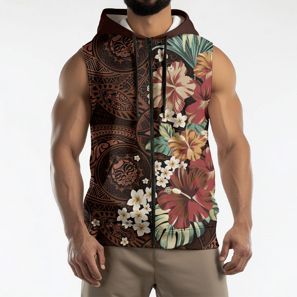 Kanoa Hawai'i Hibiscus Sleeveless Zip Hoodie Polynesian Tribal Tattoo Pattern Floral Elements