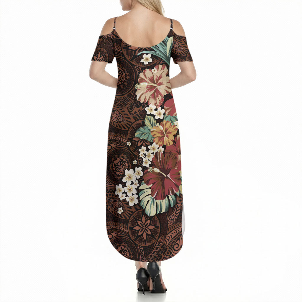 Kanoa Hawai'i Hibiscus Summer Maxi Dress Polynesian Tribal Tattoo Pattern Floral Elements