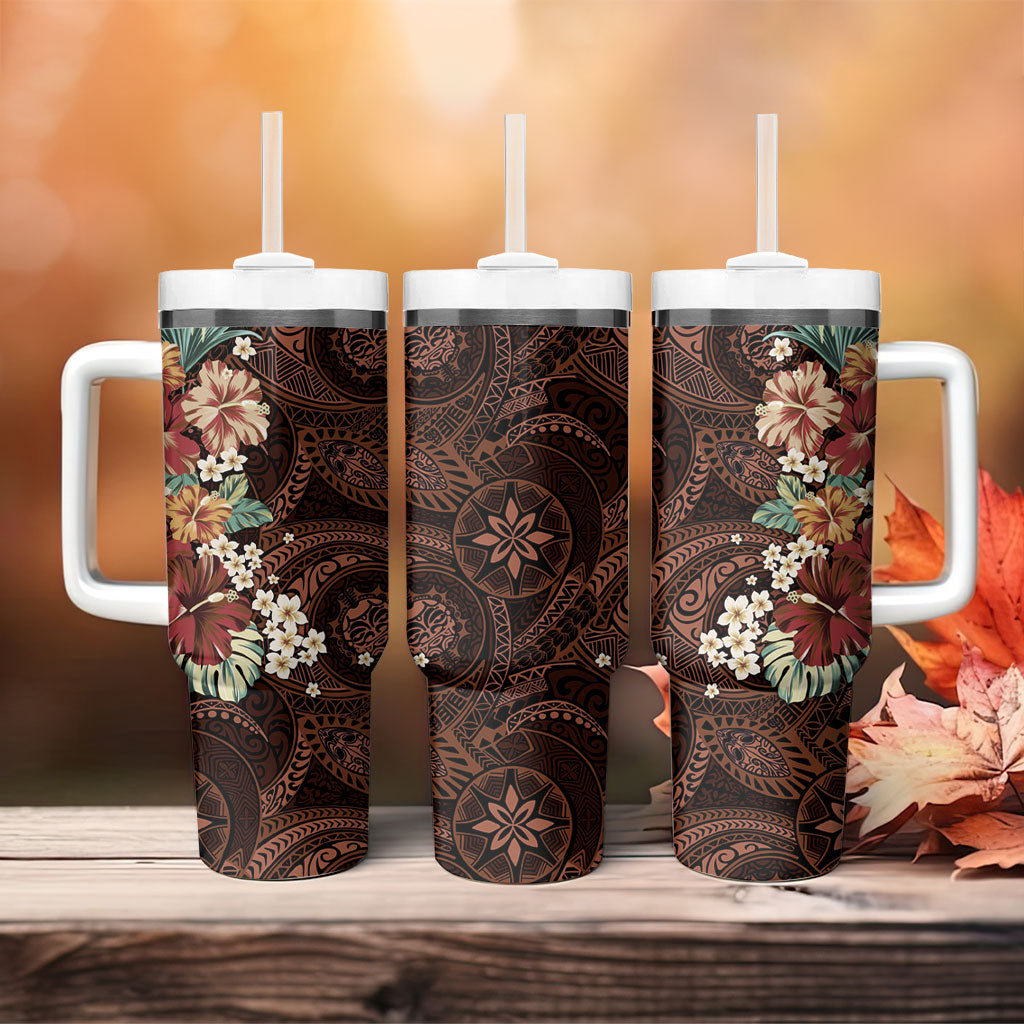 Kanoa Hawai'i Hibiscus Tumbler With Handle Polynesian Tribal Tattoo Pattern Floral Elements