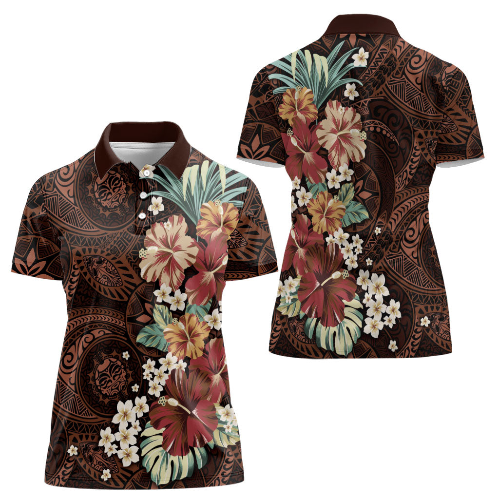 Kanoa Hawai'i Hibiscus Women Polo Shirt Polynesian Tribal Tattoo Pattern Floral Elements