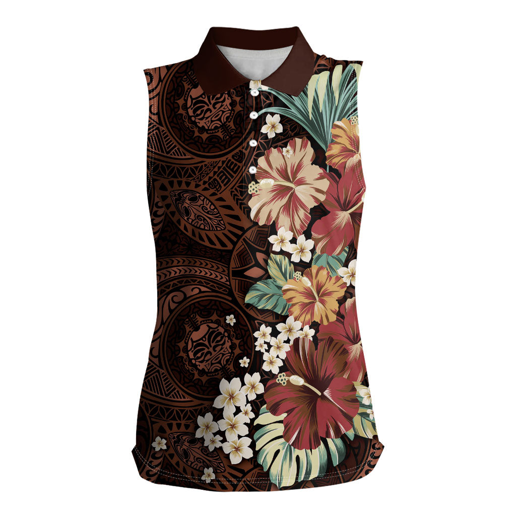 Kanoa Hawai'i Hibiscus Women Sleeveless Polo Shirt Polynesian Tribal Tattoo Pattern Floral Elements