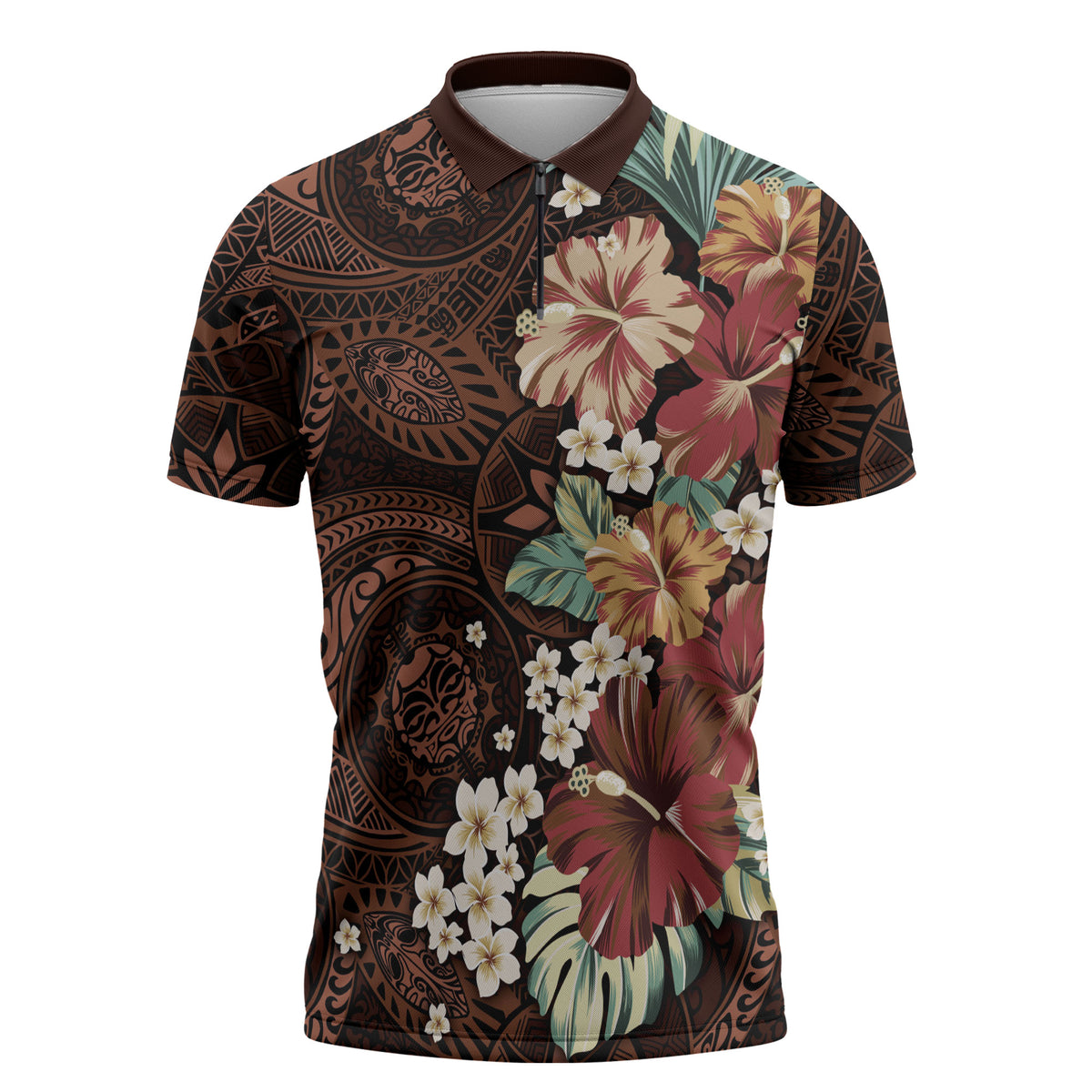 Kanoa Hawai'i Hibiscus Zipper Polo Shirt Polynesian Tribal Tattoo Pattern Floral Elements