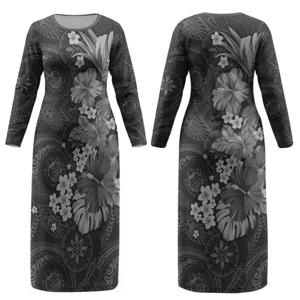 Pauli Hawai'i Hibiscus Couples Matching Long Sleeve Bodycon Dress and Hawaiian Shirt Polynesian Tribal Tattoo Pattern Floral Elements